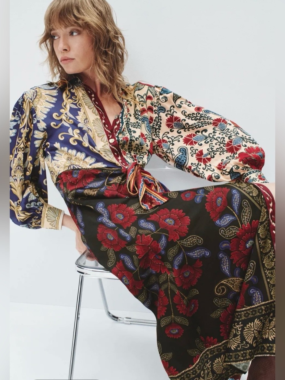 FARM RIO  Fall/Winter Mix Midi Shirt Dress. Front Buttons, Long Sleeve (M) - Picture 6 of 16